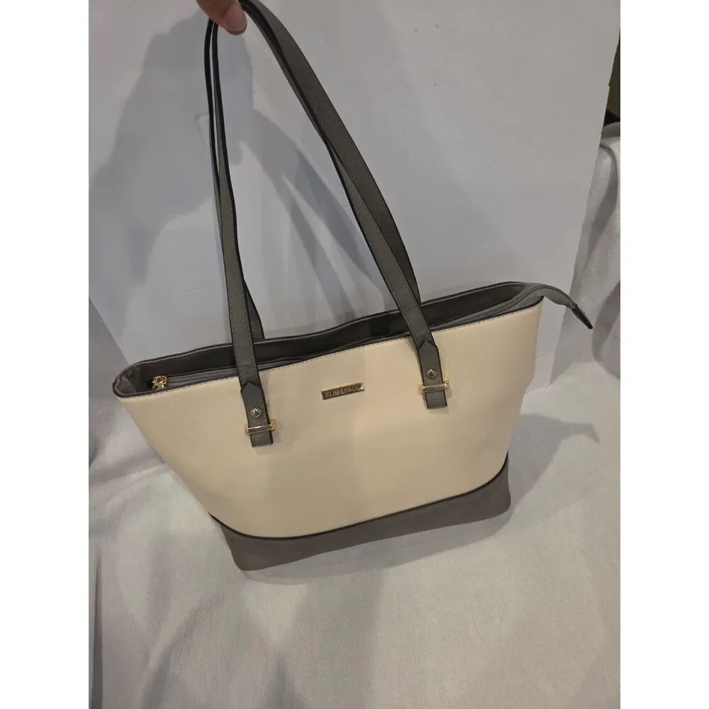 Elim & Paul Cream Gray Structured Tote Bag Saffiano Faux Leather Gold Hardware